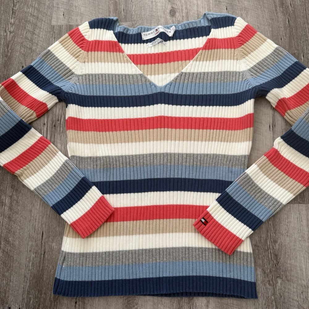 Tommy Hilfiger Ribbed Sweater Womens Large Striped V-Neck 100% Cotton Pullover